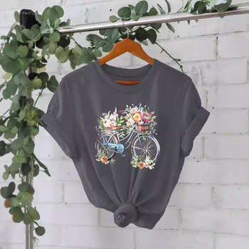 Tricou din bumbac pur, vară europeană și americană, mânecă scurtă, guler rotund, comerț exterior transfrontalier, model american, imprimat, tricou pentru femei, fabrică de comerț exterior