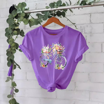 Tricou din bumbac pur, vară europeană și americană, mânecă scurtă, guler rotund, comerț exterior transfrontalier, model american, imprimat, tricou pentru femei, fabrică de comerț exterior