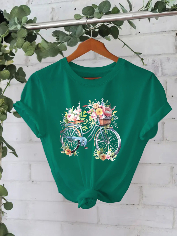 Tricou din bumbac pur, vară europeană și americană, mânecă scurtă, guler rotund, comerț exterior transfrontalier, model american, imprimat, tricou pentru femei, fabrică de comerț exterior