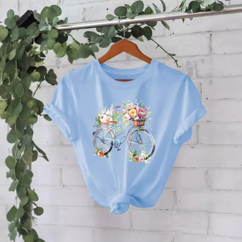 Tricou din bumbac pur, vară europeană și americană, mânecă scurtă, guler rotund, comerț exterior transfrontalier, model american, imprimat, tricou pentru femei, fabrică de comerț exterior