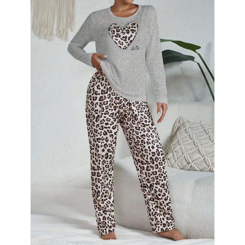Pārrobežu ikdienas mīlestības leoparda pidžamas uzvalks Eiropas un Amerikas ērts brīvs garām piedurknēm sieviešu mājas apģērba uzvalks ikdienas