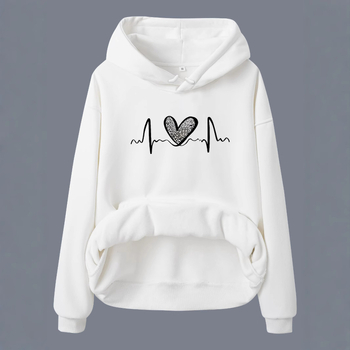 Hanorac cu mânecă lungă și căptușit cu fleece, imprimare leopard, dimensiune europeană transfrontalieră, toamnă și iarnă, european și american, femei, europene și americane, cu buzunare de cangur, cu glugă, imprimare în formă de inimă