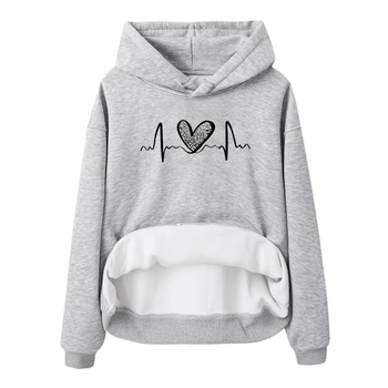 Hanorac cu mânecă lungă și căptușit cu fleece, imprimare leopard, dimensiune europeană transfrontalieră, toamnă și iarnă, european și american, femei, europene și americane, cu buzunare de cangur, cu glugă, imprimare în formă de inimă