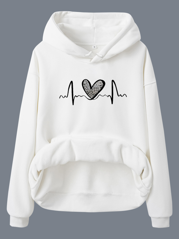 Hanorac cu mânecă lungă și căptușit cu fleece, imprimare leopard, dimensiune europeană transfrontalieră, toamnă și iarnă, european și american, femei, europene și americane, cu buzunare de cangur, cu glugă, imprimare în formă de inimă