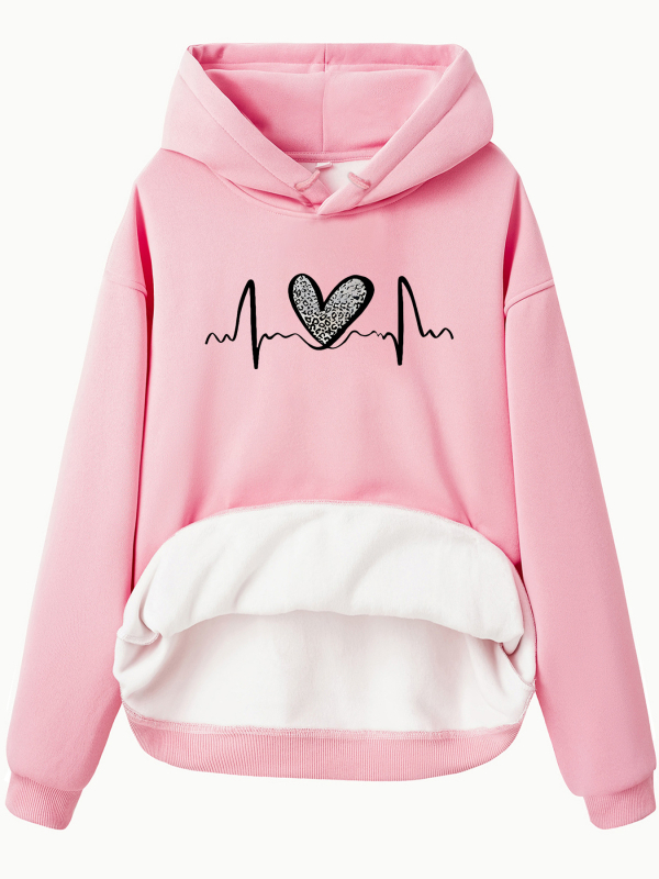 Hanorac cu mânecă lungă și căptușit cu fleece, imprimare leopard, dimensiune europeană transfrontalieră, toamnă și iarnă, european și american, femei, europene și americane, cu buzunare de cangur, cu glugă, imprimare în formă de inimă