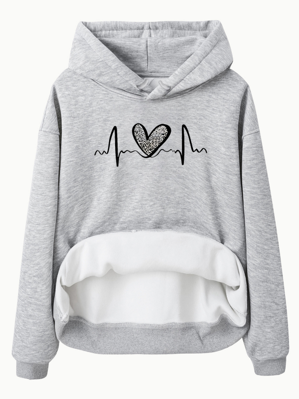 Hanorac cu mânecă lungă și căptușit cu fleece, imprimare leopard, dimensiune europeană transfrontalieră, toamnă și iarnă, european și american, femei, europene și americane, cu buzunare de cangur, cu glugă, imprimare în formă de inimă