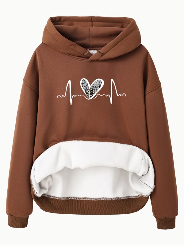 Hanorac cu mânecă lungă și căptușit cu fleece, imprimare leopard, dimensiune europeană transfrontalieră, toamnă și iarnă, european și american, femei, europene și americane, cu buzunare de cangur, cu glugă, imprimare în formă de inimă