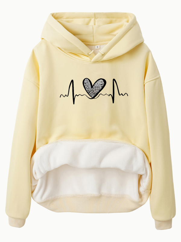 Hanorac cu mânecă lungă și căptușit cu fleece, imprimare leopard, dimensiune europeană transfrontalieră, toamnă și iarnă, european și american, femei, europene și americane, cu buzunare de cangur, cu glugă, imprimare în formă de inimă