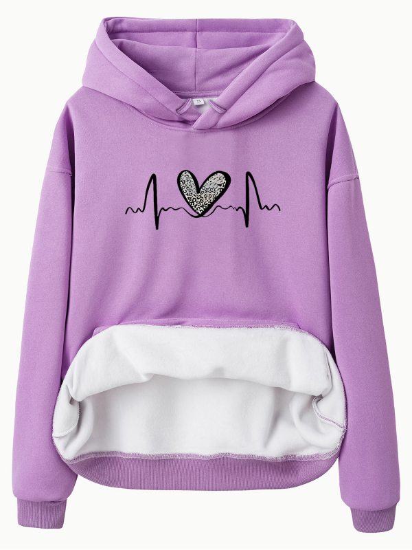 Hanorac cu mânecă lungă și căptușit cu fleece, imprimare leopard, dimensiune europeană transfrontalieră, toamnă și iarnă, european și american, femei, europene și americane, cu buzunare de cangur, cu glugă, imprimare în formă de inimă