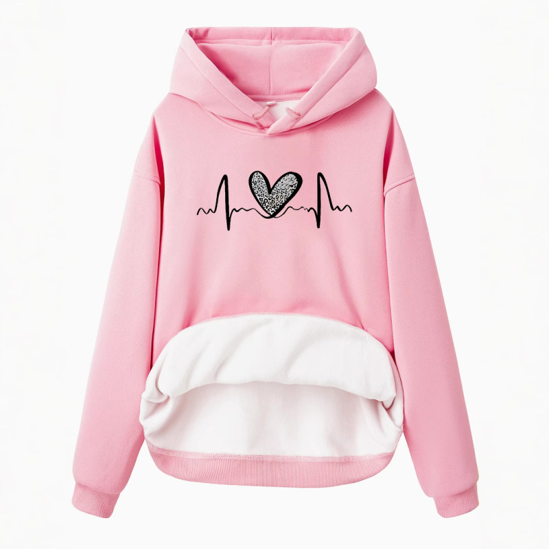 Hanorac cu mânecă lungă și căptușit cu fleece, imprimare leopard, dimensiune europeană transfrontalieră, toamnă și iarnă, european și american, femei, europene și americane, cu buzunare de cangur, cu glugă, imprimare în formă de inimă