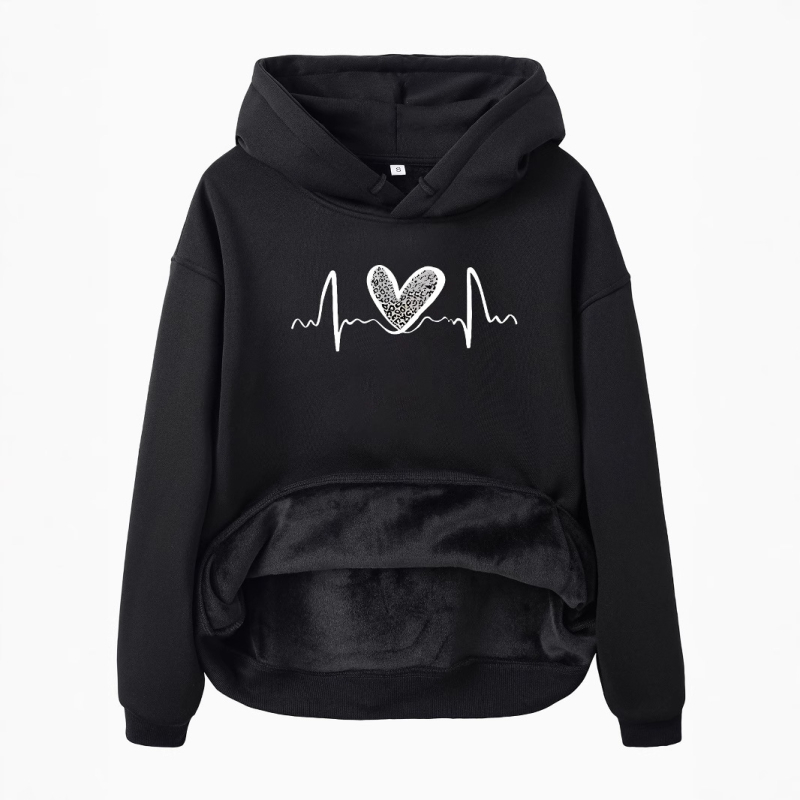 Hanorac cu mânecă lungă și căptușit cu fleece, imprimare leopard, dimensiune europeană transfrontalieră, toamnă și iarnă, european și american, femei, europene și americane, cu buzunare de cangur, cu glugă, imprimare în formă de inimă