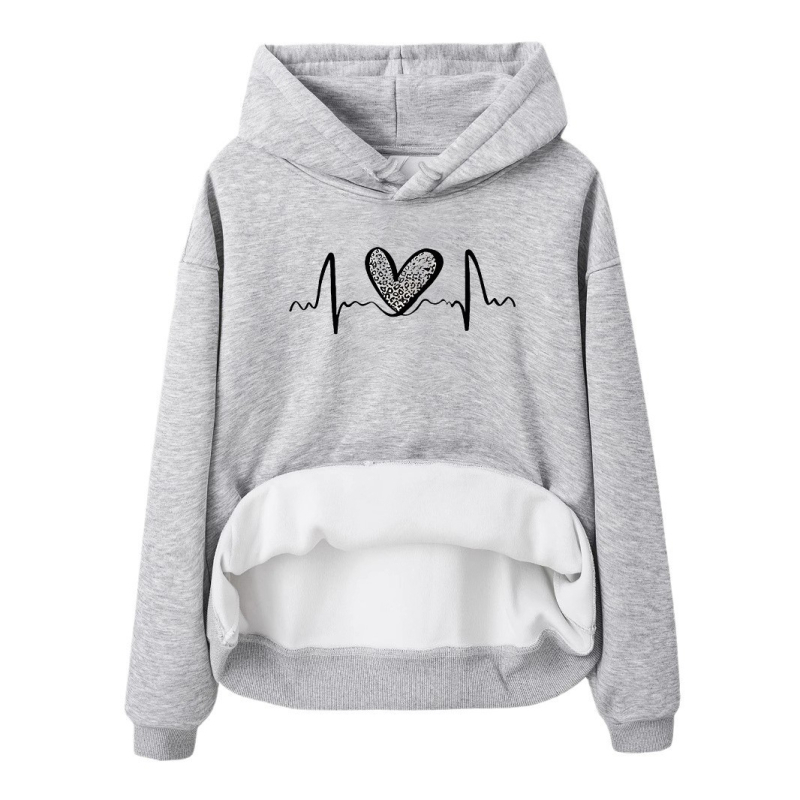 Hanorac cu mânecă lungă și căptușit cu fleece, imprimare leopard, dimensiune europeană transfrontalieră, toamnă și iarnă, european și american, femei, europene și americane, cu buzunare de cangur, cu glugă, imprimare în formă de inimă