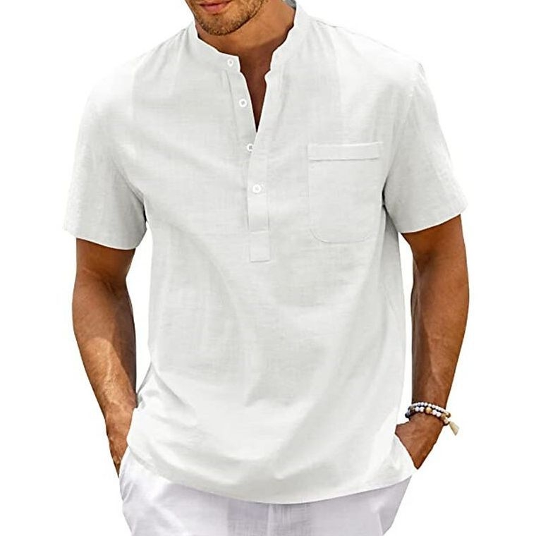 Vasariniai europietiški ir amerikietiški vyriški medvilniniai ir lininiai trumpomis rankovėmis megztiniai, dideli dydžiai, vientisos spalvos, stovima apykakle, jaunimo laisvi marškiniai, tarpvalstybiniai