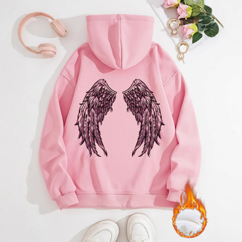 Hanorac transfrontalier pentru femei, toamnă și iarnă, cu buzunare tip cangur, cu glugă, cu mânecă lungă, căptușit cu fleece, îngroșat, aripi de înger imprimate, în stoc