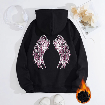 Hanorac transfrontalier pentru femei, toamnă și iarnă, cu buzunare tip cangur, cu glugă, cu mânecă lungă, căptușit cu fleece, îngroșat, aripi de înger imprimate, în stoc