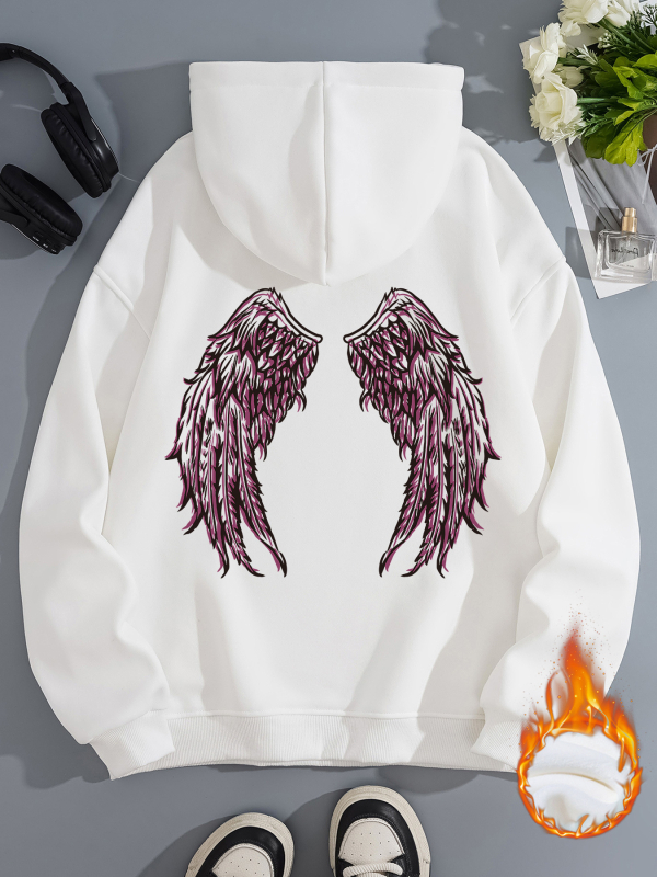 Hanorac transfrontalier pentru femei, toamnă și iarnă, cu buzunare tip cangur, cu glugă, cu mânecă lungă, căptușit cu fleece, îngroșat, aripi de înger imprimate, în stoc