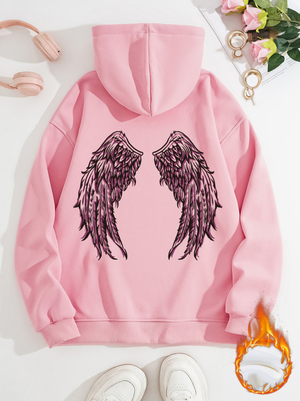 Hanorac transfrontalier pentru femei, toamnă și iarnă, cu buzunare tip cangur, cu glugă, cu mânecă lungă, căptușit cu fleece, îngroșat, aripi de înger imprimate, în stoc