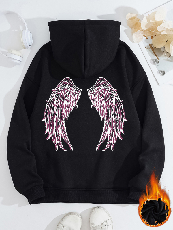 Hanorac transfrontalier pentru femei, toamnă și iarnă, cu buzunare tip cangur, cu glugă, cu mânecă lungă, căptușit cu fleece, îngroșat, aripi de înger imprimate, în stoc