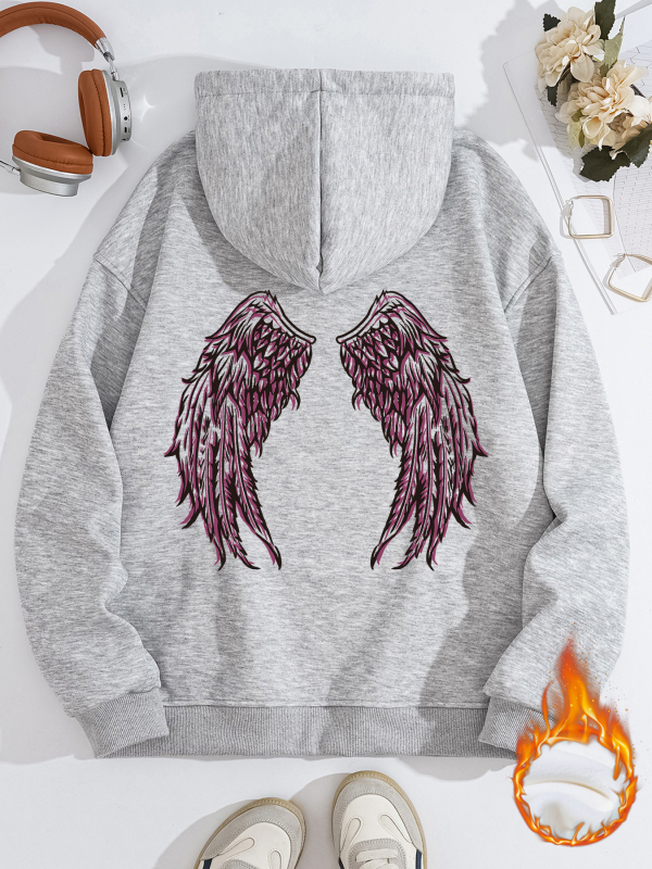 Hanorac transfrontalier pentru femei, toamnă și iarnă, cu buzunare tip cangur, cu glugă, cu mânecă lungă, căptușit cu fleece, îngroșat, aripi de înger imprimate, în stoc