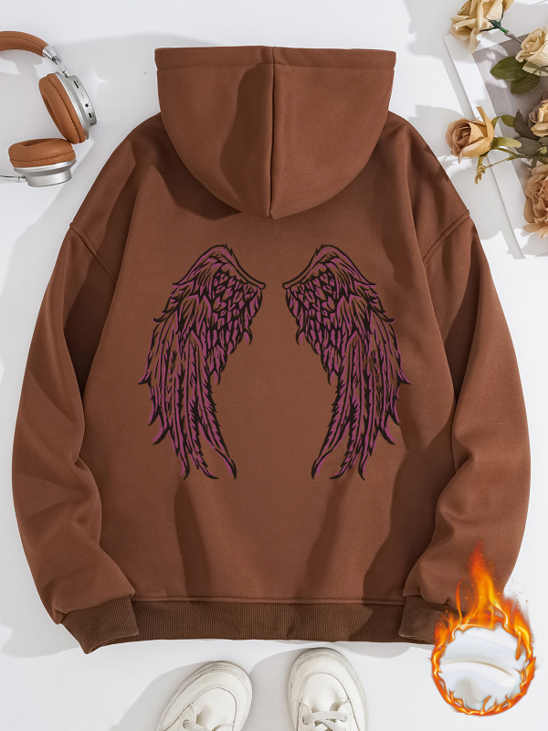 Hanorac transfrontalier pentru femei, toamnă și iarnă, cu buzunare tip cangur, cu glugă, cu mânecă lungă, căptușit cu fleece, îngroșat, aripi de înger imprimate, în stoc