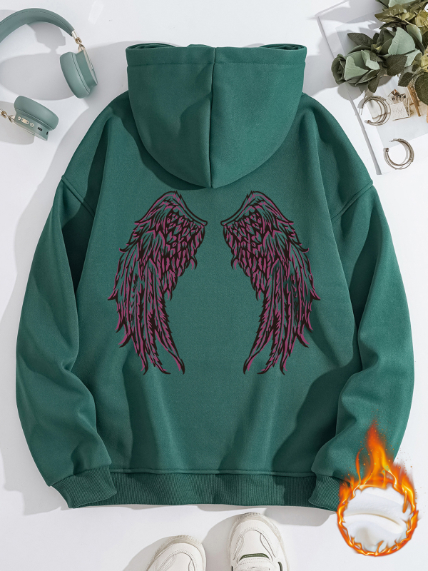 Hanorac transfrontalier pentru femei, toamnă și iarnă, cu buzunare tip cangur, cu glugă, cu mânecă lungă, căptușit cu fleece, îngroșat, aripi de înger imprimate, în stoc