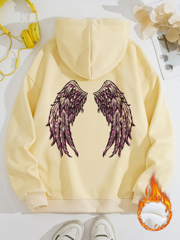 Hanorac transfrontalier pentru femei, toamnă și iarnă, cu buzunare tip cangur, cu glugă, cu mânecă lungă, căptușit cu fleece, îngroșat, aripi de înger imprimate, în stoc