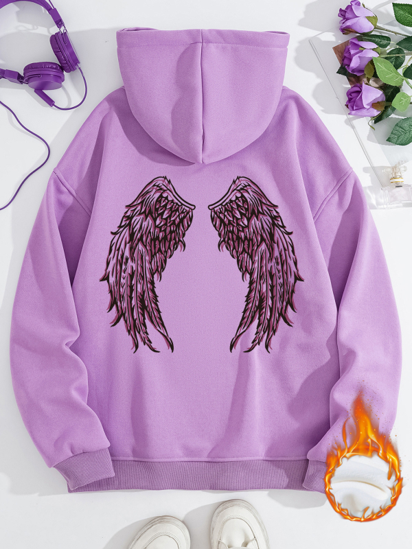 Hanorac transfrontalier pentru femei, toamnă și iarnă, cu buzunare tip cangur, cu glugă, cu mânecă lungă, căptușit cu fleece, îngroșat, aripi de înger imprimate, în stoc