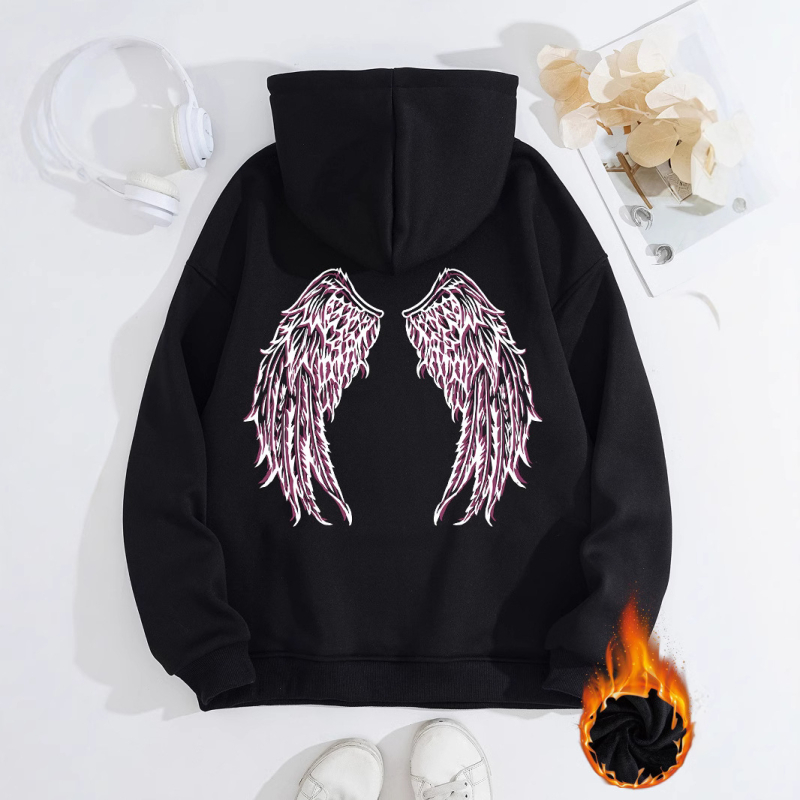 Hanorac transfrontalier pentru femei, toamnă și iarnă, cu buzunare tip cangur, cu glugă, cu mânecă lungă, căptușit cu fleece, îngroșat, aripi de înger imprimate, în stoc