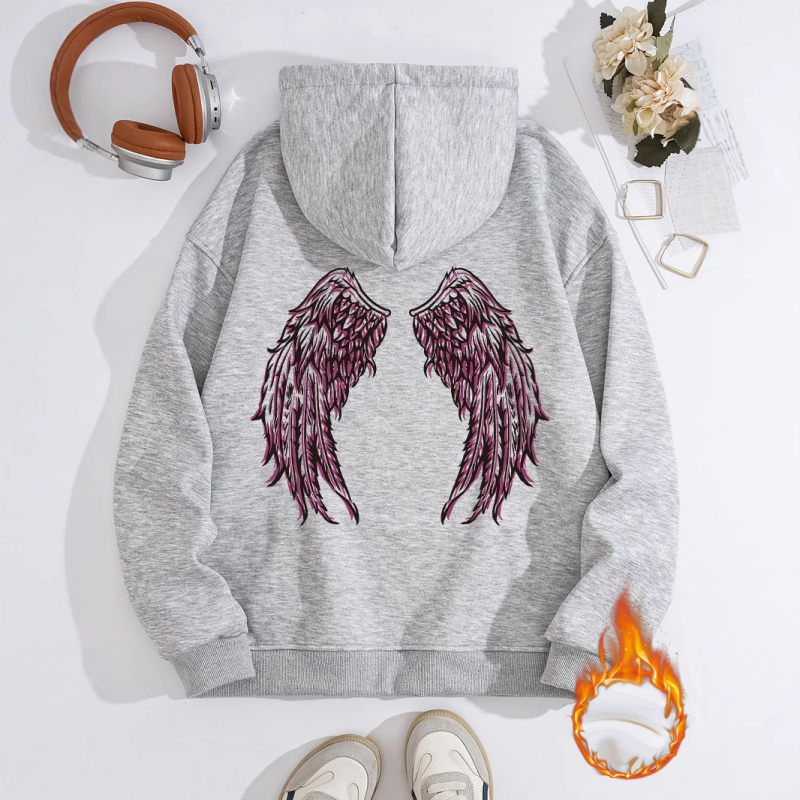 Hanorac transfrontalier pentru femei, toamnă și iarnă, cu buzunare tip cangur, cu glugă, cu mânecă lungă, căptușit cu fleece, îngroșat, aripi de înger imprimate, în stoc