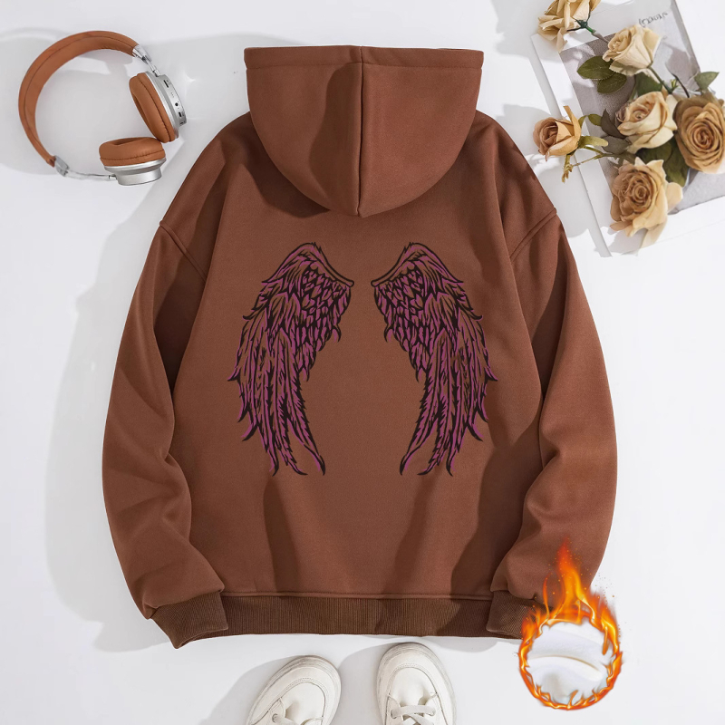 Hanorac transfrontalier pentru femei, toamnă și iarnă, cu buzunare tip cangur, cu glugă, cu mânecă lungă, căptușit cu fleece, îngroșat, aripi de înger imprimate, în stoc