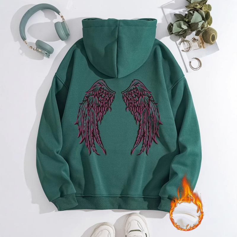 Hanorac transfrontalier pentru femei, toamnă și iarnă, cu buzunare tip cangur, cu glugă, cu mânecă lungă, căptușit cu fleece, îngroșat, aripi de înger imprimate, în stoc