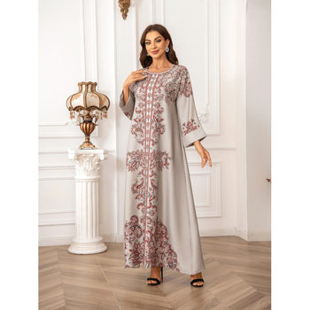 Közel-keleti határon átnyúló kaftán kerek nyakú, nagy sűrűségű, forró strasszos, gyöngyös nyomtatású muszlim női köntös elegáns ruha