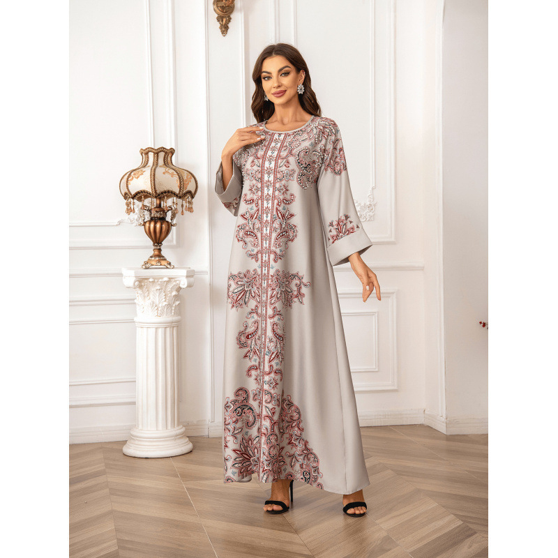 Tuvo Austrumu pārrobežu kaftan apaļa kakla augsta blīvuma karsta rhinestone pērlīšu apdruka musulmaņu sieviešu halāts eleganta kleita