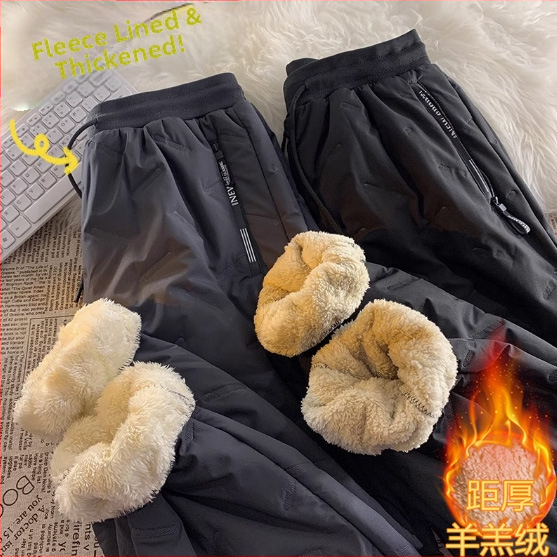 Pantaloni din piele de miel pentru bărbați, căptușiți cu fleece, groși, de vârstă mijlocie și vârstnici, pentru bărbați, talie lejeră, îmbrăcăminte exterioară, casual, din bumbac