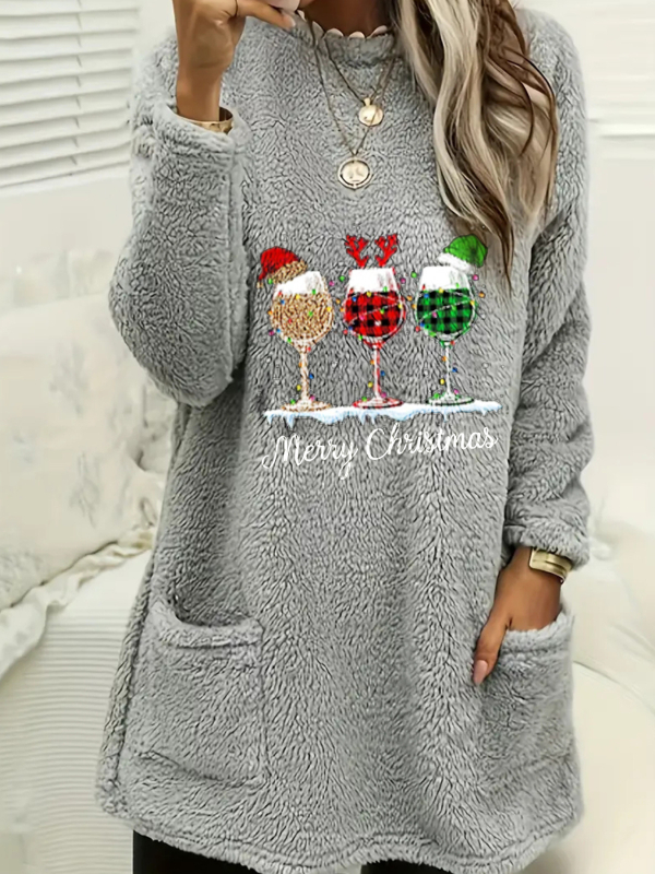 2024 Amazon prekogranična europska i američka ženska nova plišana majica s okruglim izrezom i dugim rukavima s džepom, s printom i žigosanjem iz 2024.