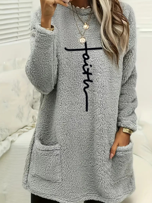 2024 Amazon prekogranična europska i američka ženska nova plišana majica s okruglim izrezom i dugim rukavima s džepom, s printom i žigosanjem iz 2024.