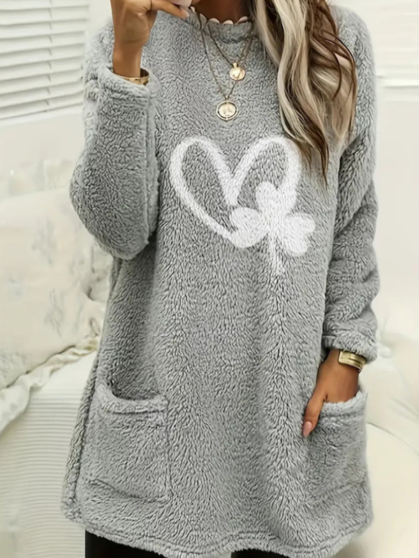 2024 Amazon prekogranična europska i američka ženska nova plišana majica s okruglim izrezom i dugim rukavima s džepom, s printom i žigosanjem iz 2024.