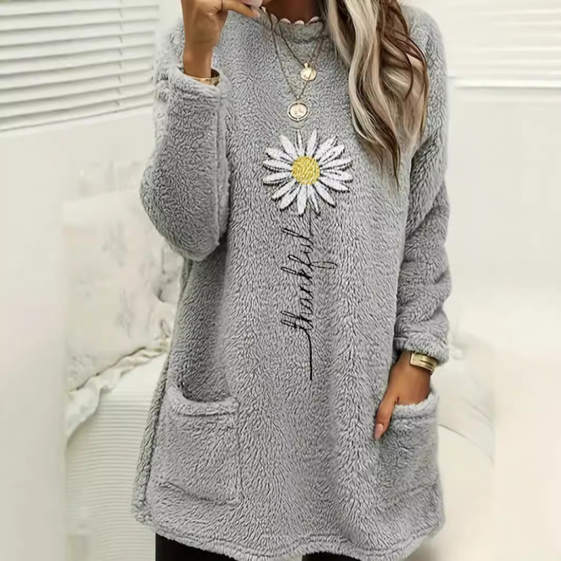 2024 Amazon prekogranična europska i američka ženska nova plišana majica s okruglim izrezom i dugim rukavima s džepom, s printom i žigosanjem iz 2024.