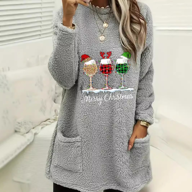 2024 Amazon prekogranična europska i američka ženska nova plišana majica s okruglim izrezom i dugim rukavima s džepom, s printom i žigosanjem iz 2024.