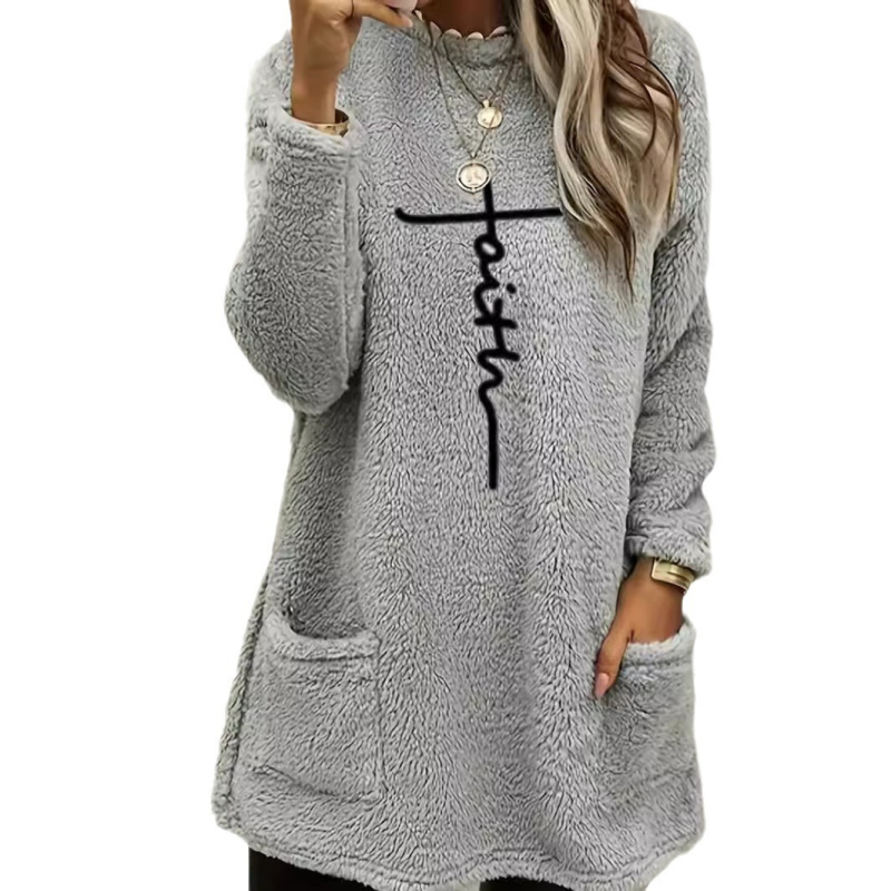 2024 Amazon prekogranična europska i američka ženska nova plišana majica s okruglim izrezom i dugim rukavima s džepom, s printom i žigosanjem iz 2024.