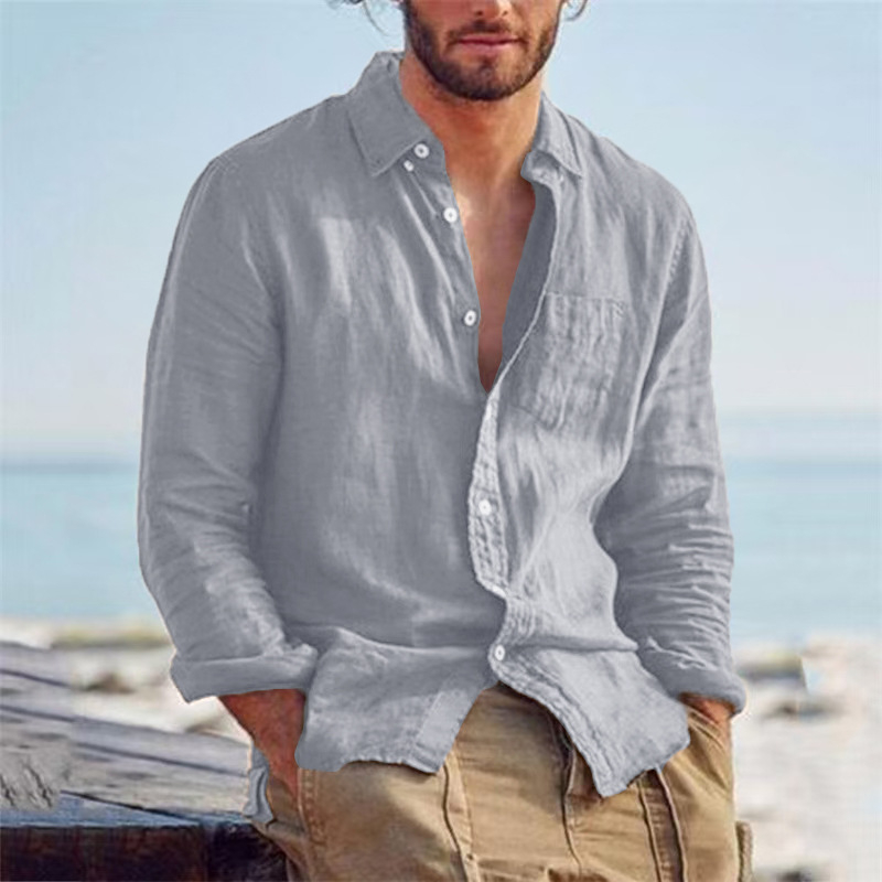 2024 Cardigan european și american Amazon eBay AliExpress Culoare solidă Casual Lel Cardigan din bumbac și in, lejer, casual, retro, pentru bărbați