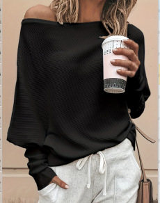 Amazonský cezhraničný jednofarebný pletený pulóver s jedným golierom, európsky a americký voľný pletený top s rukávmi Dolman