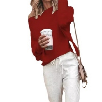 Amazonský cezhraničný jednofarebný pletený pulóver s jedným golierom, európsky a americký voľný pletený top s rukávmi Dolman