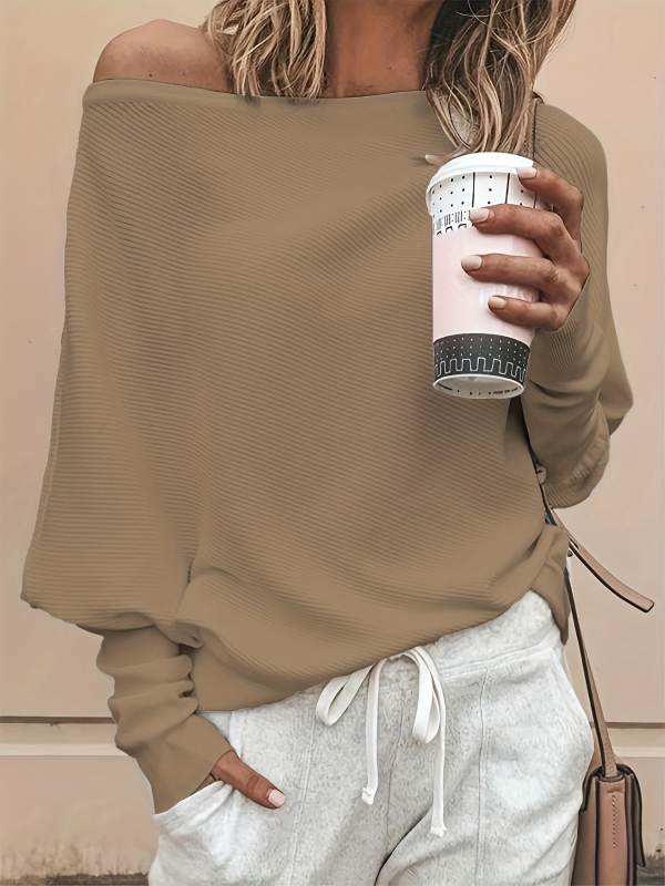 Amazonský cezhraničný jednofarebný pletený pulóver s jedným golierom, európsky a americký voľný pletený top s rukávmi Dolman