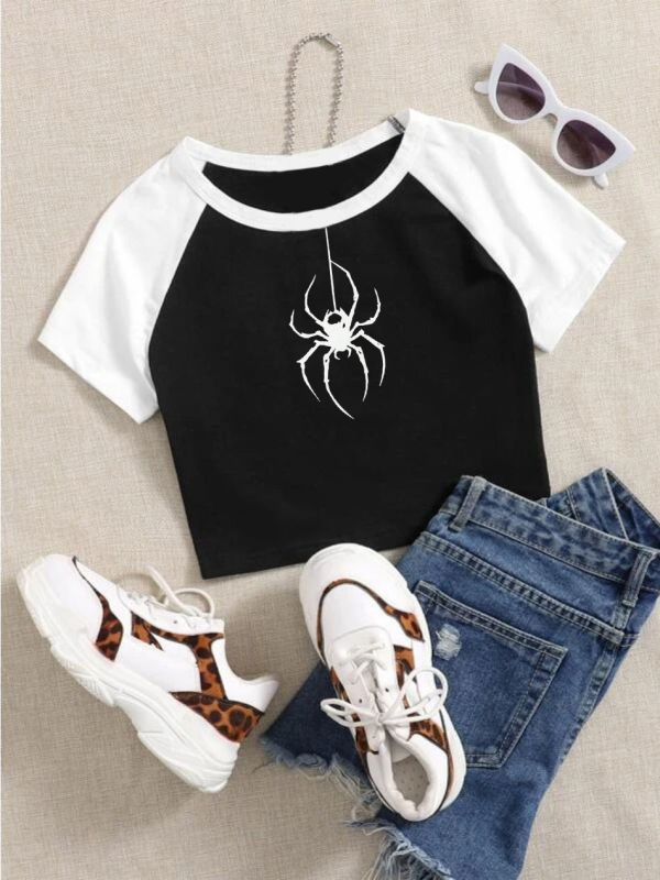 Tricou cu mânecă scurtă, stil american, sexy, cu litere Spice, imprimat, cu guler rotund, buric, slim-fit, subțire, umăr T-shirt