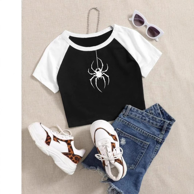 Tricou cu mânecă scurtă, stil american, sexy, cu litere Spice, imprimat, cu guler rotund, buric, slim-fit, subțire, umăr T-shirt