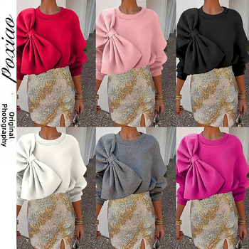 Dámske oblečenie pre ženy z európskych a amerických krajín z roku 2025, okrúhly výstrih, voľná ležérna mikina s dlhým rukávom a mašľou, Amazonka