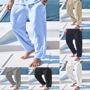 Pánske ľanové nohavice so sťahovacou šnúrkou, elastický pás, jednofarebné kockované, priedušné, vonkajšie, denné, vonkajšie nohavice