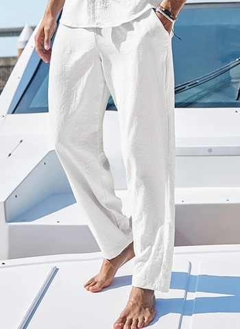 Pánske ľanové nohavice so sťahovacou šnúrkou, elastický pás, jednofarebné kockované, priedušné, vonkajšie, denné, vonkajšie nohavice