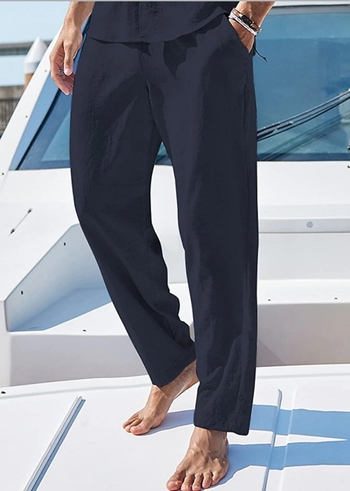 Pánske ľanové nohavice so sťahovacou šnúrkou, elastický pás, jednofarebné kockované, priedušné, vonkajšie, denné, vonkajšie nohavice